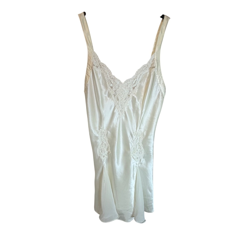 Victorias Secret Ivory Satin Lace Sequin Slip Dress Chemise Medium Ivory White